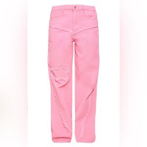Candy Pink Raw Hem Detail Star Applique Wide Leg Jeans